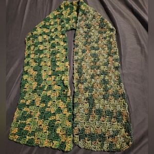 Handmade Green and Brown Crochet Scarf 60x8 With Earwarmers